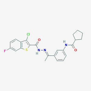 molecular formula C23H21ClFN3O2S B445307 N-(3-{N-[(3-chloro-6-fluoro-1-benzothien-2-yl)carbonyl]ethanehydrazonoyl}phenyl)cyclopentanecarboxamide 