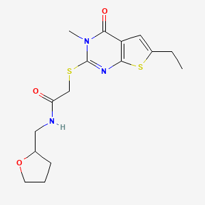 molecular formula C16H21N3O3S2 B4453289 2-[(6-ethyl-3-methyl-4-oxo-3,4-dihydrothieno[2,3-d]pyrimidin-2-yl)thio]-N-(tetrahydro-2-furanylmethyl)acetamide 