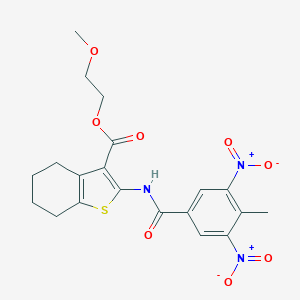 molecular formula C20H21N3O8S B445344 2-Methoxyethyl 2-({3,5-dinitro-4-methylbenzoyl}amino)-4,5,6,7-tetrahydro-1-benzothiophene-3-carboxylate 