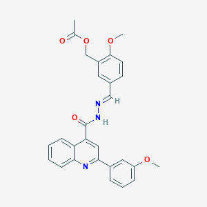 molecular formula C28H25N3O5 B445364 2-Methoxy-5-(2-{[2-(3-methoxyphenyl)-4-quinolinyl]carbonyl}carbohydrazonoyl)benzyl acetate 