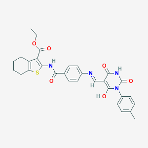 ethyl 2-({[4-({(Z)-[1-(4-methylphenyl)-2,4,6-trioxotetrahydropyrimidin-5(2H)-ylidene]methyl}amino)phenyl]carbonyl}amino)-4,5,6,7-tetrahydro-1-benzothiophene-3-carboxylate