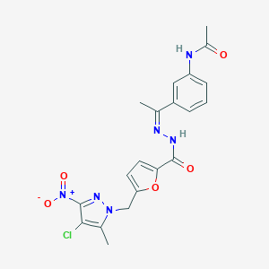 molecular formula C20H19ClN6O5 B445471 N-(3-{N-[5-({4-chloro-3-nitro-5-methyl-1H-pyrazol-1-yl}methyl)-2-furoyl]ethanehydrazonoyl}phenyl)acetamide 