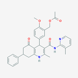 molecular formula C33H33N3O5 B445481 2-Methoxy-5-(2-methyl-3-{[(3-methylpyridin-2-yl)amino]carbonyl}-5-oxo-7-phenyl-1,4,5,6,7,8-hexahydroquinolin-4-yl)benzyl acetate 