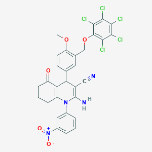 molecular formula C30H21Cl5N4O5 B445542 2-Amino-1-{3-nitrophenyl}-4-{4-methoxy-3-[(2,3,4,5,6-pentachlorophenoxy)methyl]phenyl}-5-oxo-1,4,5,6,7,8-hexahydroquinoline-3-carbonitrile 