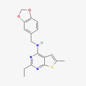 molecular formula C17H17N3O2S B4455577 N-(1,3-benzodioxol-5-ylmethyl)-2-ethyl-6-methylthieno[2,3-d]pyrimidin-4-amine 