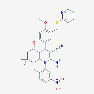 molecular formula C32H31N5O4S B445577 2-Amino-1-{5-nitro-2-methylphenyl}-4-{4-methoxy-3-[(pyridin-2-ylsulfanyl)methyl]phenyl}-7,7-dimethyl-5-oxo-1,4,5,6,7,8-hexahydroquinoline-3-carbonitrile 