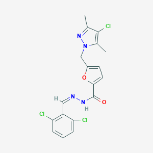 molecular formula C18H15Cl3N4O2 B445583 5-[(4-chloro-3,5-dimethyl-1H-pyrazol-1-yl)methyl]-N'-(2,6-dichlorobenzylidene)-2-furohydrazide 