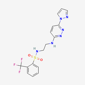 molecular formula C16H15F3N6O2S B4456218 N-(2-{[6-(1H-pyrazol-1-yl)-3-pyridazinyl]amino}ethyl)-2-(trifluoromethyl)benzenesulfonamide 