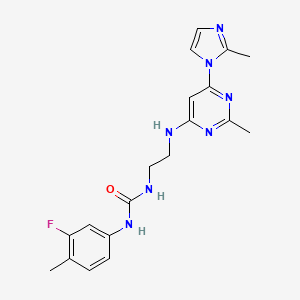 molecular formula C19H22FN7O B4456629 N-(3-fluoro-4-methylphenyl)-N'-(2-{[2-methyl-6-(2-methyl-1H-imidazol-1-yl)-4-pyrimidinyl]amino}ethyl)urea 