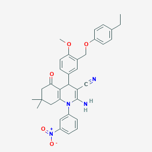 molecular formula C34H34N4O5 B445663 2-Amino-4-{3-[(4-ethylphenoxy)methyl]-4-methoxyphenyl}-1-{3-nitrophenyl}-7,7-dimethyl-5-oxo-1,4,5,6,7,8-hexahydroquinoline-3-carbonitrile 