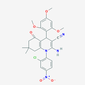 molecular formula C27H27ClN4O6 B445679 2-Amino-1-(2-chloro-4-nitrophenyl)-7,7-dimethyl-5-oxo-4-(2,4,6-trimethoxyphenyl)-1,4,5,6,7,8-hexahydroquinoline-3-carbonitrile 