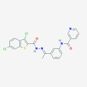 molecular formula C23H16Cl2N4O2S B445684 N-(3-{N-[(3,6-dichloro-1-benzothien-2-yl)carbonyl]ethanehydrazonoyl}phenyl)nicotinamide 