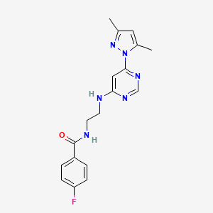 molecular formula C18H19FN6O B4457074 N-(2-{[6-(3,5-dimethyl-1H-pyrazol-1-yl)-4-pyrimidinyl]amino}ethyl)-4-fluorobenzamide 