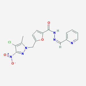 molecular formula C16H13ClN6O4 B445751 5-({4-chloro-3-nitro-5-methyl-1H-pyrazol-1-yl}methyl)-N'-(2-pyridinylmethylene)-2-furohydrazide 