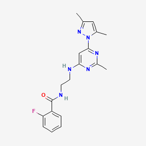 molecular formula C19H21FN6O B4457552 N-(2-{[6-(3,5-dimethyl-1H-pyrazol-1-yl)-2-methyl-4-pyrimidinyl]amino}ethyl)-2-fluorobenzamide 