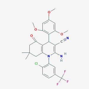 molecular formula C28H27ClF3N3O4 B445760 2-Amino-1-[2-chloro-5-(trifluoromethyl)phenyl]-7,7-dimethyl-5-oxo-4-(2,4,6-trimethoxyphenyl)-1,4,5,6,7,8-hexahydro-3-quinolinecarbonitrile 