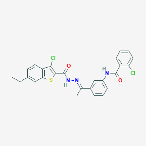 molecular formula C26H21Cl2N3O2S B445778 2-chloro-N-(3-{N-[(3-chloro-6-ethyl-1-benzothien-2-yl)carbonyl]ethanehydrazonoyl}phenyl)benzamide 