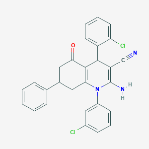 molecular formula C28H21Cl2N3O B445787 2-Amino-4-(2-chlorophenyl)-1-(3-chlorophenyl)-5-oxo-7-phenyl-1,4,5,6,7,8-hexahydroquinoline-3-carbonitrile 