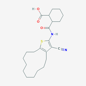 molecular formula C23H32N2O3S B445796 2-[(3-Cyano-4,5,6,7,8,9,10,11,12,13-decahydrocyclododeca[b]thiophen-2-yl)carbamoyl]cyclohexanecarboxylic acid 