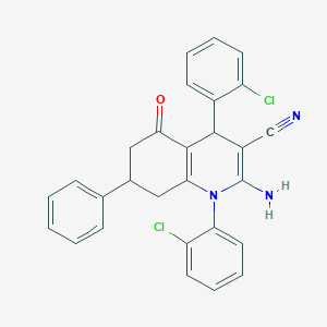 molecular formula C28H21Cl2N3O B445814 2-Amino-1,4-bis(2-chlorophenyl)-5-oxo-7-phenyl-1,4,5,6,7,8-hexahydro-3-quinolinecarbonitrile 