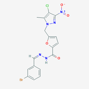 molecular formula C17H13BrClN5O4 B445823 N'-(3-bromobenzylidene)-5-({4-chloro-3-nitro-5-methyl-1H-pyrazol-1-yl}methyl)-2-furohydrazide 