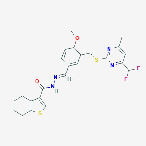 molecular formula C24H24F2N4O2S2 B445891 N'-[3-({[4-(difluoromethyl)-6-methyl-2-pyrimidinyl]sulfanyl}methyl)-4-methoxybenzylidene]-4,5,6,7-tetrahydro-1-benzothiophene-3-carbohydrazide 