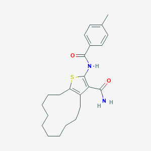 molecular formula C23H30N2O2S B445913 2-[(4-Methylbenzoyl)amino]-4,5,6,7,8,9,10,11,12,13-decahydrocyclododeca[b]thiophene-3-carboxamide 