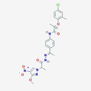 2-(4-chloro-2-methylphenoxy)-N-{4-[N-(2-{4-nitro-3-methoxy-1H-pyrazol-1-yl}propanoyl)ethanehydrazonoyl]phenyl}propanamide