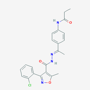 molecular formula C22H21ClN4O3 B445943 N-[4-(N-{[3-(2-chlorophenyl)-5-methyl-4-isoxazolyl]carbonyl}ethanehydrazonoyl)phenyl]propanamide 