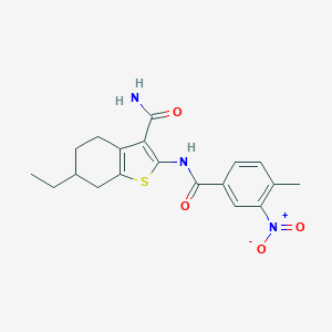 molecular formula C19H21N3O4S B445966 6-Ethyl-2-({3-nitro-4-methylbenzoyl}amino)-4,5,6,7-tetrahydro-1-benzothiophene-3-carboxamide 