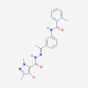 molecular formula C22H22BrN5O2 B445988 N-(3-{N-[(4-bromo-1,3-dimethyl-1H-pyrazol-5-yl)carbonyl]ethanehydrazonoyl}phenyl)-2-methylbenzamide 