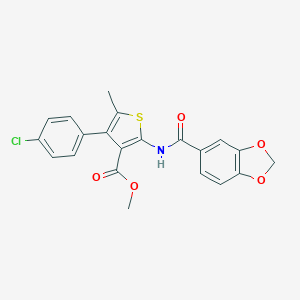 molecular formula C21H16ClNO5S B446007 Methyl 2-[(1,3-benzodioxol-5-ylcarbonyl)amino]-4-(4-chlorophenyl)-5-methylthiophene-3-carboxylate 