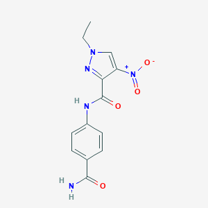 molecular formula C13H13N5O4 B446072 N-(4-carbamoylphenyl)-1-ethyl-4-nitro-1H-pyrazole-3-carboxamide 