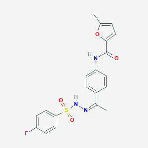 molecular formula C20H18FN3O4S B446082 N-(4-{N-[(4-fluorophenyl)sulfonyl]ethanehydrazonoyl}phenyl)-5-methyl-2-furamide 