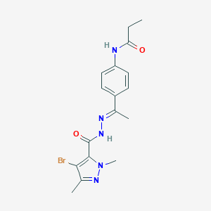 molecular formula C17H20BrN5O2 B446135 N-(4-{N-[(4-bromo-1,3-dimethyl-1H-pyrazol-5-yl)carbonyl]ethanehydrazonoyl}phenyl)propanamide 