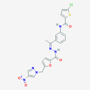 molecular formula C22H17ClN6O5S B446136 5-chloro-N-(3-{N-[5-({4-nitro-1H-pyrazol-1-yl}methyl)-2-furoyl]ethanehydrazonoyl}phenyl)-2-thiophenecarboxamide 