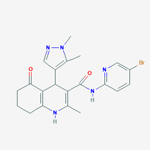 molecular formula C21H22BrN5O2 B446158 N-(5-bromopyridin-2-yl)-4-(1,5-dimethyl-1H-pyrazol-4-yl)-2-methyl-5-oxo-1,4,5,6,7,8-hexahydroquinoline-3-carboxamide 
