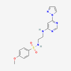 molecular formula C16H18N6O3S B4461852 4-methoxy-N-(2-{[6-(1H-pyrazol-1-yl)-4-pyrimidinyl]amino}ethyl)benzenesulfonamide 