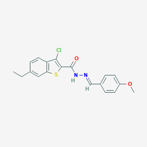 molecular formula C19H17ClN2O2S B446186 3-chloro-6-ethyl-N'-(4-methoxybenzylidene)-1-benzothiophene-2-carbohydrazide 
