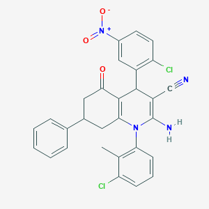 molecular formula C29H22Cl2N4O3 B446199 2-Amino-1-(3-chloro-2-methylphenyl)-4-(2-chloro-5-nitrophenyl)-5-oxo-7-phenyl-1,4,5,6,7,8-hexahydroquinoline-3-carbonitrile 