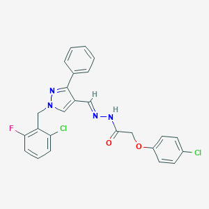 molecular formula C25H19Cl2FN4O2 B446206 N'-{(E)-[1-(2-chloro-6-fluorobenzyl)-3-phenyl-1H-pyrazol-4-yl]methylidene}-2-(4-chlorophenoxy)acetohydrazide 