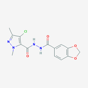 molecular formula C14H13ClN4O4 B446208 N'-(1,3-benzodioxol-5-ylcarbonyl)-4-chloro-1,3-dimethyl-1H-pyrazole-5-carbohydrazide 