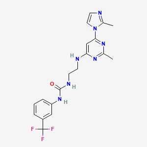 molecular formula C19H20F3N7O B4462090 N-(2-{[2-methyl-6-(2-methyl-1H-imidazol-1-yl)-4-pyrimidinyl]amino}ethyl)-N'-[3-(trifluoromethyl)phenyl]urea 
