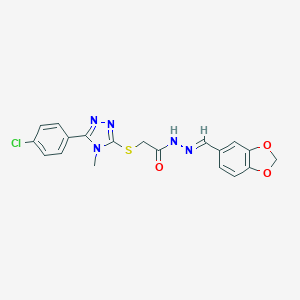 molecular formula C19H16ClN5O3S B446241 N-[(E)-1,3-benzodioxol-5-ylmethylideneamino]-2-[[5-(4-chlorophenyl)-4-methyl-1,2,4-triazol-3-yl]sulfanyl]acetamide CAS No. 347909-27-7