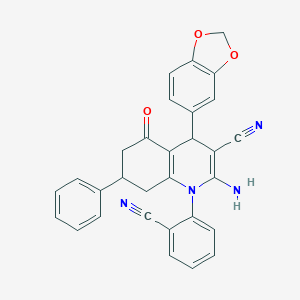 molecular formula C30H22N4O3 B446244 2-Amino-4-(1,3-benzodioxol-5-yl)-1-(2-cyanophenyl)-5-oxo-7-phenyl-1,4,5,6,7,8-hexahydro-3-quinolinecarbonitrile 