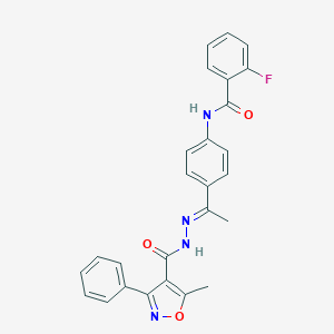 molecular formula C26H21FN4O3 B446246 2-fluoro-N-(4-{N-[(5-methyl-3-phenyl-4-isoxazolyl)carbonyl]ethanehydrazonoyl}phenyl)benzamide 