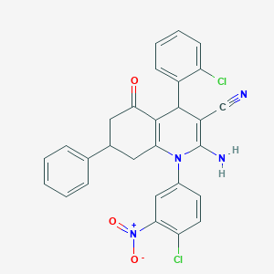 molecular formula C28H20Cl2N4O3 B446264 2-Amino-1-(4-chloro-3-nitrophenyl)-4-(2-chlorophenyl)-5-oxo-7-phenyl-1,4,5,6,7,8-hexahydroquinoline-3-carbonitrile 