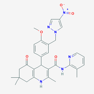 molecular formula C30H32N6O5 B446278 4-[3-({4-nitro-1H-pyrazol-1-yl}methyl)-4-methoxyphenyl]-2,7,7-trimethyl-N-(3-methyl-2-pyridinyl)-5-oxo-1,4,5,6,7,8-hexahydro-3-quinolinecarboxamide 