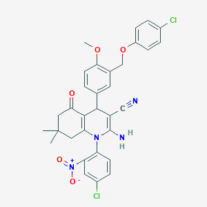 molecular formula C32H28Cl2N4O5 B446294 2-Amino-1-(4-chloro-2-nitrophenyl)-4-{3-[(4-chlorophenoxy)methyl]-4-methoxyphenyl}-7,7-dimethyl-5-oxo-1,4,5,6,7,8-hexahydroquinoline-3-carbonitrile 