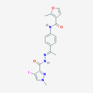 molecular formula C19H18IN5O3 B446298 N-(4-{N-[(4-iodo-1-methyl-1H-pyrazol-3-yl)carbonyl]ethanehydrazonoyl}phenyl)-2-methyl-3-furamide 